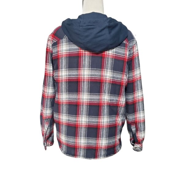 Legendary Outfitters Flannel Shirt Jacket Mens Size Small Red Plaid Print Hooded - Picture 4 of 12